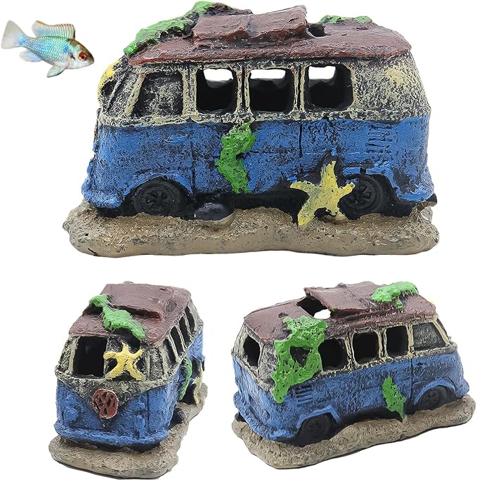 Old Bus Aquarium Decoration 4.7"" – Vintage Resin Fish Tank Ornament with Multiple Hiding Spots, Fish Shelter for Small and Medium Aquariums, Stress-Relief Underwater Decor, Easy to Clean