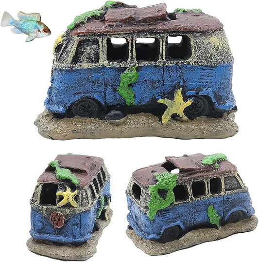 Old Bus Aquarium Decoration 4.7"" – Vintage Resin Fish Tank Ornament with Multiple Hiding Spots, Fish Shelter for Small and Medium Aquariums, Stress-Relief Underwater Decor, Easy to Clean