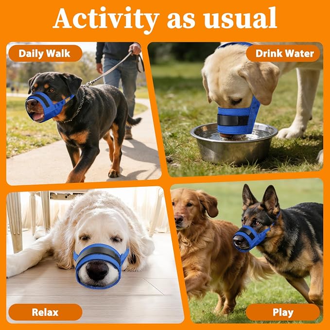 Mayerzon Dog Muzzle for Large Medium Small Dogs, Adjustable Fit, Soft & Sturdy Fabric, Prevents Fierce Barking Biting Chewing, Ideal for Grooming Walking Vet Visits, Allows to Pant Drink (Blue, L)