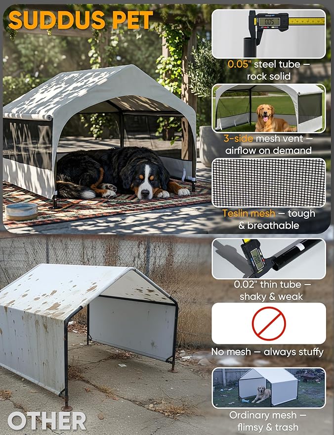 Suddus Dog House Outdoor, Extra Large Dog Tent Outside, Dog Shade Shelter with Three-Sided Breathable Mesh Windows, Sun Rain Cover for Pet, Dogs 48" D x 48" W x 39" H