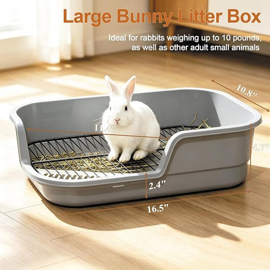Large Rabbit Litter Box Corner Grated Bunny Potty Trainer with Stainless Steel Grate for Adult Guinea Pigs Rabbits Hamsters Chinchillas Ferrets Gerbils & All Small Pets Includes Scoop (Gray)