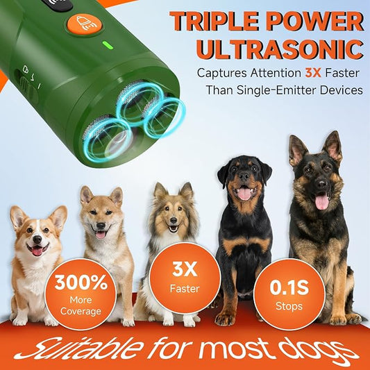 Dog Bark Deterrent Device, 3X Ultrasonic Anti Barking Device 6 Modes Dog Trainer Rechargeable & Portable Safe Bark Control Indoor Outdoor for All Dogs with LED Flashlight - Green