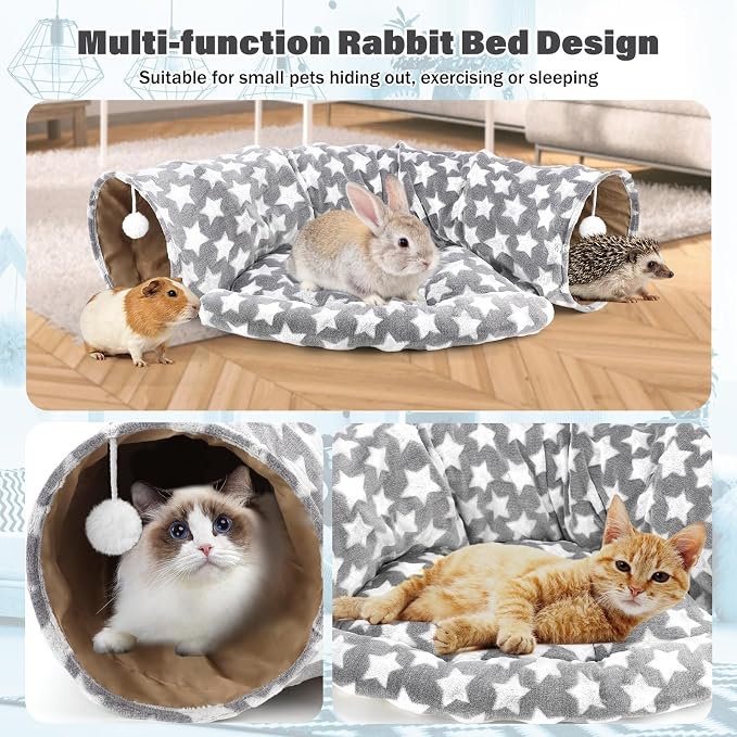BWOGUE Bunny Tunnel Bed, 2-in-1 Collapsible Tunnel Tubes Toys with Removable Mat Hideout for Cats Kittens Rabbits Guinea Pigs Kitty (Greystar)