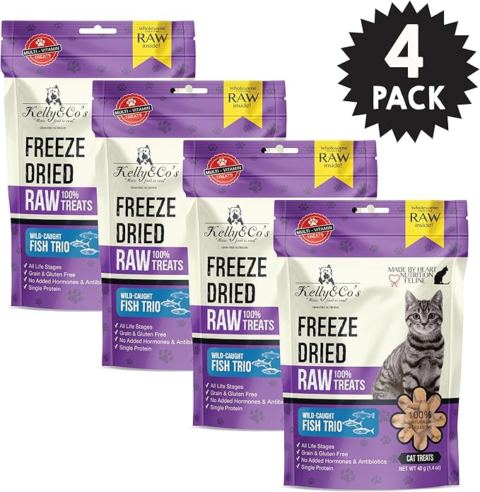 KELLY & CO'S Freeze Dried Cat Treats Made from a Single Ingredient. Grain Free, high Protein Healthy cat Treats (1.4 oz x 4 Packs) Minimally Processed Indulgent Treat (Fish Trio)