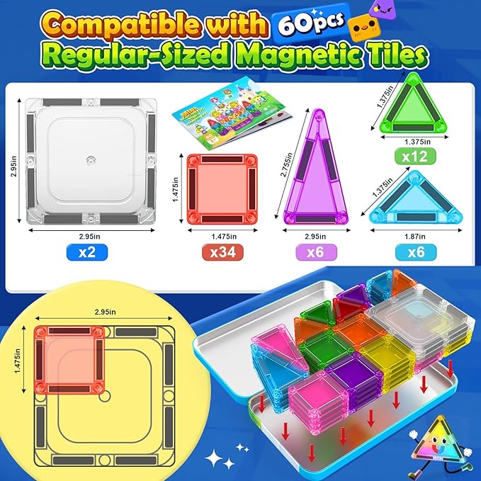 Soyee Mini Travel Magnetic Tiles 60PCS with Metal Tin Case Toddler Kids Toys Travel Essentials, Toddler Travel Toys Portable STEM Building Blocks Compatibility with Regular Size Magnetic Tiles