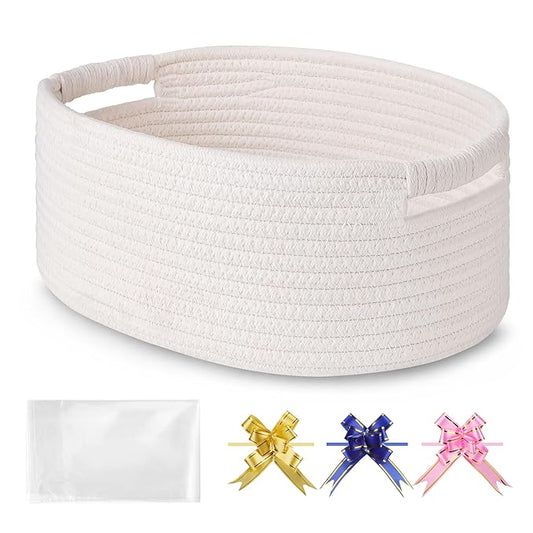 Small Woven Basket with Gift Bags and Ribbons, Empty Baby Gift Baskets for Kids Women Men, Shelf Storage, Small Cat Dog Pet Toy Boxes, 13”x 9”x 5.5”, White