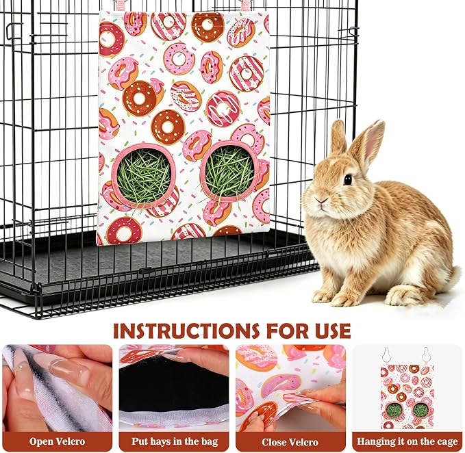 JarThenaAMCS 2Pcs Rabbit Hay Feeder Bag with 2 Holes Donut Guinea Pig Hanging Hay Feeding Bag Storage Dispenser for Chinchilla Hamster Bunny Small Animal Pet