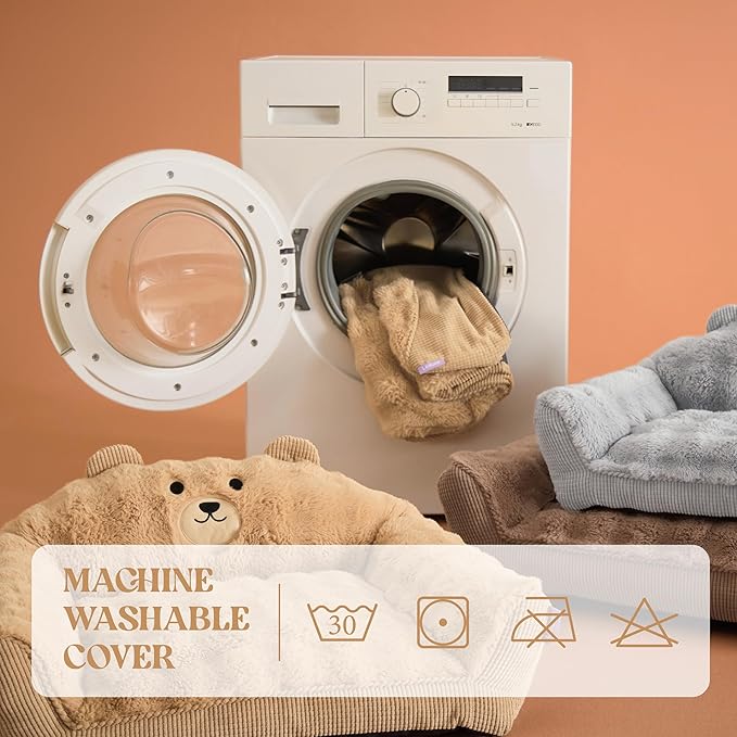 LE SURE Cute Dog Couch Bed, Small Dog Couch with Fluffy Original Bear Design, Cat Couch Bed with Removable Washable Cover, Puppy Bed for Small Pets, 28 inch, Almond