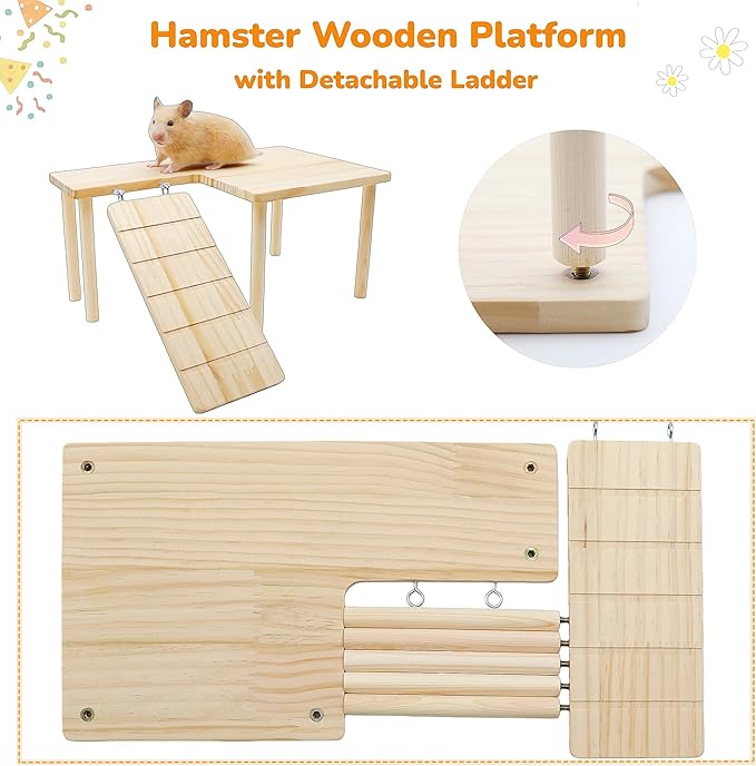 2 Pcs Wooden Hamster Platform Set, Hamster Wooden House Hideout, with Detachable Ladder Bridge, Climbing Toys, Cage Accessories, Small Animals Habitat Decor for Rat Gerbils and Other Small Pets