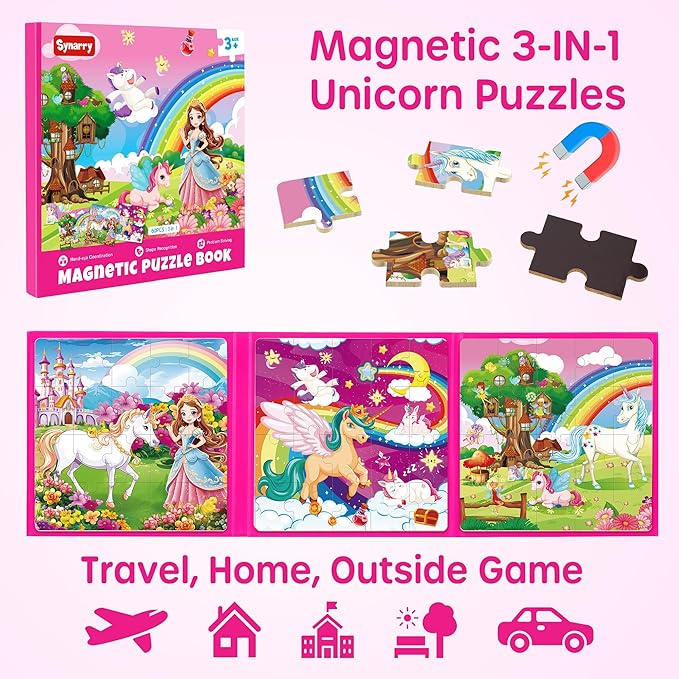 SYNARRY Unicorn Princess Fairy Magnetic Puzzles for Toddlers 3-5 Girls, 20 Pieces Travel Puzzles for Kids Ages 4-6, Easter Basket Stuffers for Kids, Car Airplane Road Trip Activities Magnet Games Toy