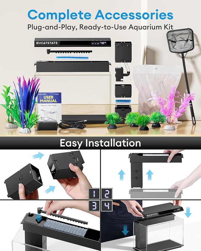 BUCATSTATE 2.6 Gallon Fish Tank, 3 Stage Filtration with Independent Waste Compartment Aquarium, Quiet 3 in 1 Pump, Real-Time Temp Display, 8-Mode LED Light Fish Tank (Black)