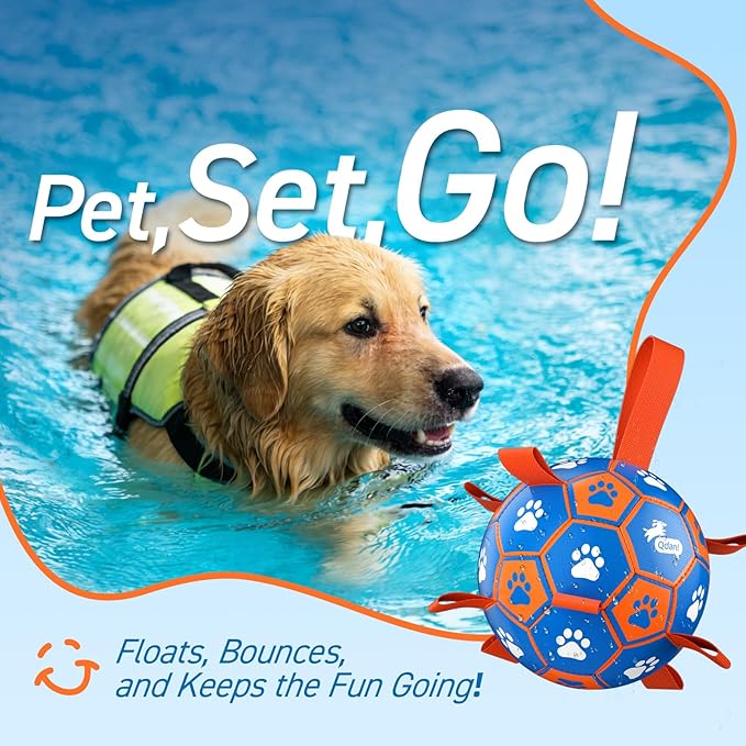 QDAN Dog Ropes Toys Soccer Ball with Straps, Puppy Birthday Gifts, Tug Toy, Durable Dog Balls for Medium & Large Dogs- Blue Orange(8 Inch)