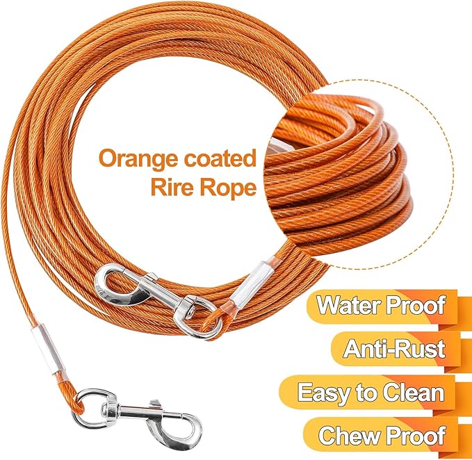 Tie Out Cable for Dogs,10/20/30/50/100FT Dog Leads for Yard Chew Proof,Heavy Duty Tie Out Cable for Large Dogs Up to 125lbs,Dog Runner Tether (Orange, 125Ibs 20ft)