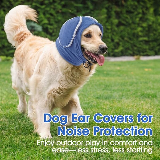 Dog Ear Cover, Dog Ear Muffs Noise Protection & Anxiety Relief, Adjustable Ear Calming Hoodie with Thick Padding, Soft Dog Ear Wrap for Fireworks, Drying, Grooming, Travel (Blue, S)
