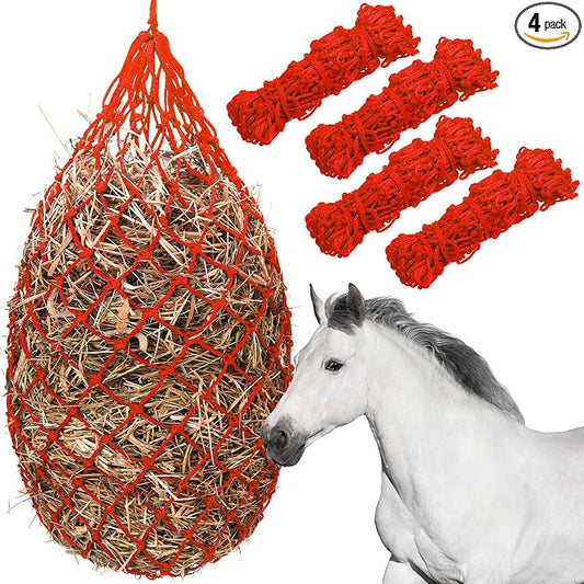 Nuenen 4 Pcs Hay Bags for Horses Goat 40 Inch Oxford Slow Feeder Hay Nets Bag for Horses Sheep Hanging Feeding Supplies Trailer Stable(Red)