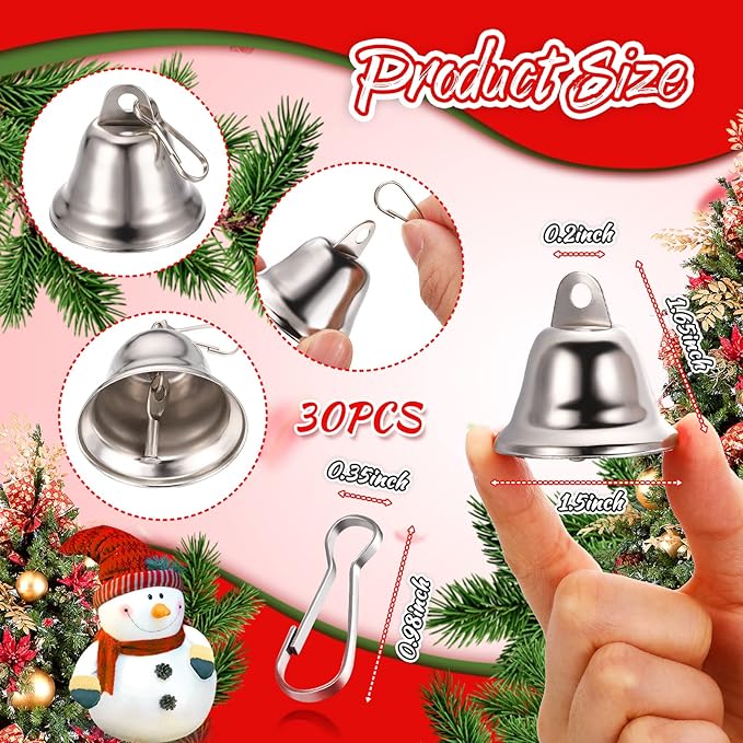 30 Pieces Craft Small Brass Bells for Crafts Mini Vintage Bells with Spring Hooks Tiny for Hanging Wind Chimes Making Dog Training Doorbell Wedding Decor, 1.65 x 1.5 Inch (Silver)