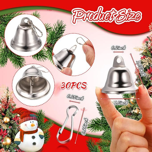 30 Pieces Craft Small Brass Bells for Crafts Mini Vintage Bells with Spring Hooks Tiny for Hanging Wind Chimes Making Dog Training Doorbell Wedding Decor, 1.65 x 1.5 Inch (Silver)