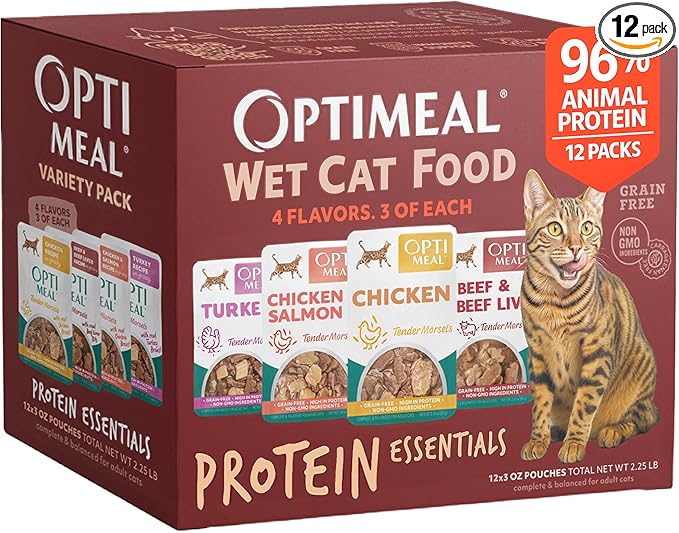 Optimeal Wet Cat Food Variety Pack - Savory Protein Selection, Grain Free Tender Morsels, High Protein Premium Nutrition Made with Natural European Ingredients, Adult Cat Pouches 3oz (Pack of 12)