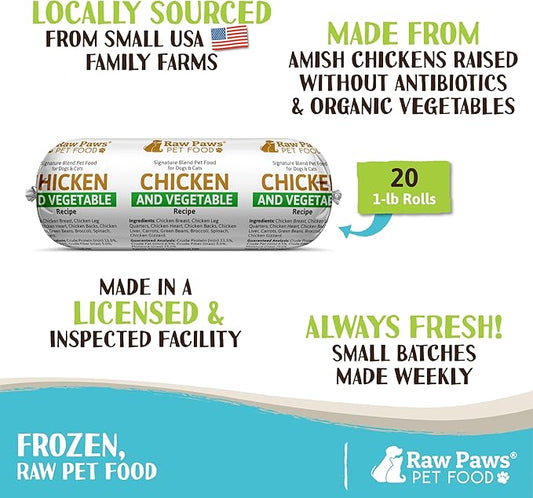 Raw Paws Signature Blend Pet Food for Dogs & Cats - Chicken & Vegetable Recipe, 1-lb Rolls (20 Pack) - Freshly Made in USA - Raw Diet Cat Food - Raw Frozen Dog Food - Fresh Dog Food Log