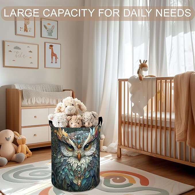 Mystical Owl Laundry Basket Hamper 19.7"x15.8", Gothic Owl Foldable Waterproof Oxford Clothes Storage Bucket for Room Bathroom Bedroom Nursery Decor, Toy Organizer Bins Gifts for Kids Boys Girls
