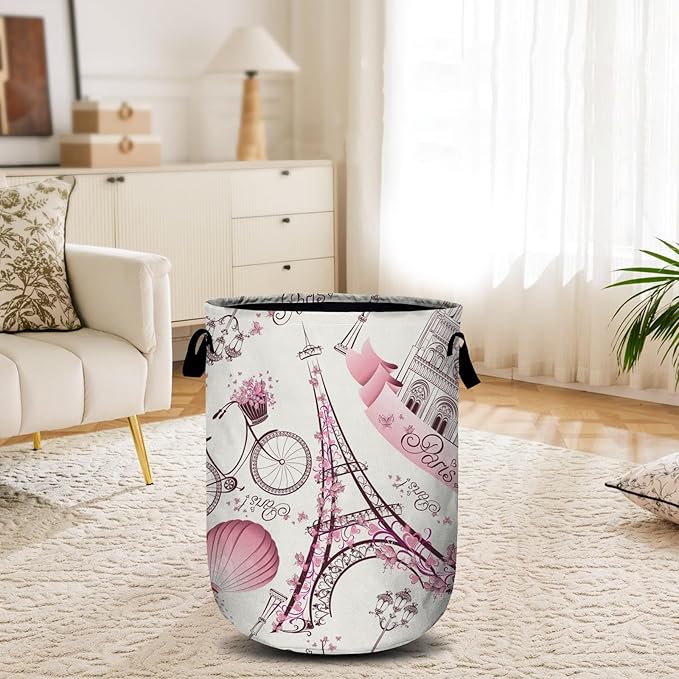 Romantic Paris Eiffel Tower Laundry Basket, Laundry Hamper Collapsible Oxford Cloth with Handle Clothes Storage Bin for Bathroom Laundry Room Bedroom 15.7 X 20 Inch