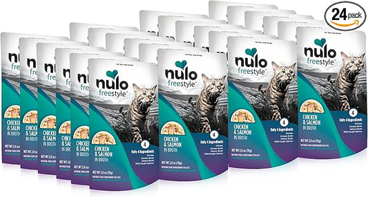 Nulo Freestyle Cat & Kitten Wet Cat Food - Chicken & Salmon in Broth, Grain-Free, High Protein Soft Food Topper Treat, 2.8oz Pouches (Pack of 24)