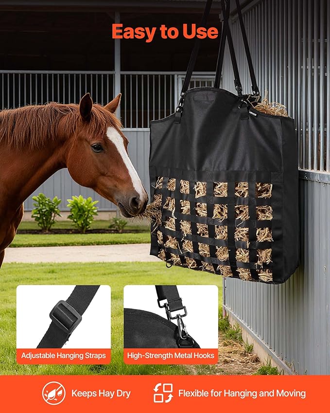 VEVOR Hay Bag for Horses, 21.65 x 7.28 x 25.2 in, 1.81 x 1.81 in Holes, Premium Nylon Construction with PVC Waterproof Coating, Adjustable Hanging Straps and Metal Hooks, Slow Feed Hay Bag for Horses