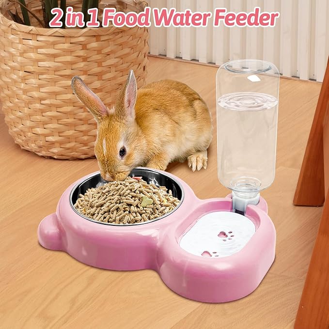 Rabbit Double Bowls Bunny Automatic Water Dispenser Detachable Stainless Steel Bowl No-Spill Water Bottle Food Feeder for Small Animals Bunny Squirrel Cat Puppy Chinchilla