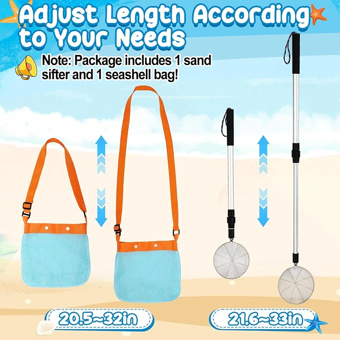 1 Pack Sand Sifter with Seashell Bag- 21.6"~33" Adjustable Shark Tooth Sifter & Sea Shell Bags for Beach Seashell Collecting, Shelling Tools Scooper with Retractable Handle, Beach Toys for Adults Kids