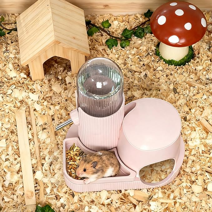 3 in 1 Hamster Water Bottle No Drip Automatic Water Dispenser with Food Bowl Container & Hideout Base Hut for Dwarf Hamster Mouse Rat Gerbils Mice Cage Accessories (Pink)