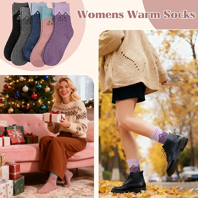 Justay 5 Pairs Womens Wool Socks Thick Warm Winter Socks Casual Cozy Socks Vintage Knit Crew Socks Gift for Women