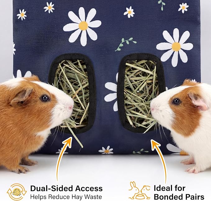 Ondware Rabbits Hay Feeder Bag for Bunny - Hanging Washable Dual-Port Hay Dispenser for Rabbits, Guinea Pigs; 600D Oxford Fabric, Collapsible, Blue Daisy Pattern