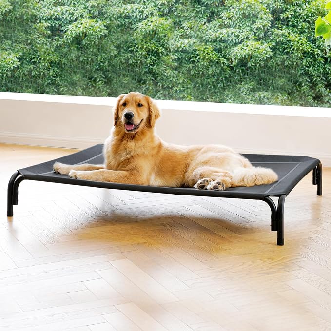 Elevated Dog Bed Raised Outdoor Dog Cot for Extra Large Dogs, Installation Requires No Tools, Frame with Washable Cooling Breathable Mesh Anti-Slip Feet, Indoor Pet Bed, Black, 53.9 Inches