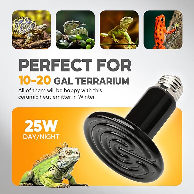 HealSmart 25W Reptile Heat Lamp Ceramic Heat Emitter, No Light Emitting Heat Bulbs, Suitable for Snake/Lizard/Spider, Plant Growth and Incubating Chicken, 4-Pack