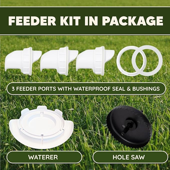 DIY Port PVC Gravity Fed Chicken Feeder 3 Ports and Hole Saw | Use for Buckets, Barrels, Bins, Troughs | Rain Proof, Weather Resistant, No Waste (Feeder and Waterer Bundle)
