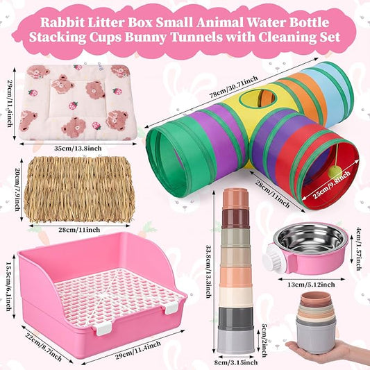 34 Pcs Rabbit Starter Kit Rabbit Litter Box Small Animal Water Bottle Cups Bunny Tunnels Animal Grooming Kit Bowl Blanket with Cleaning Set for Guinea Pig Bunny Accessories (Style 2,Pink)