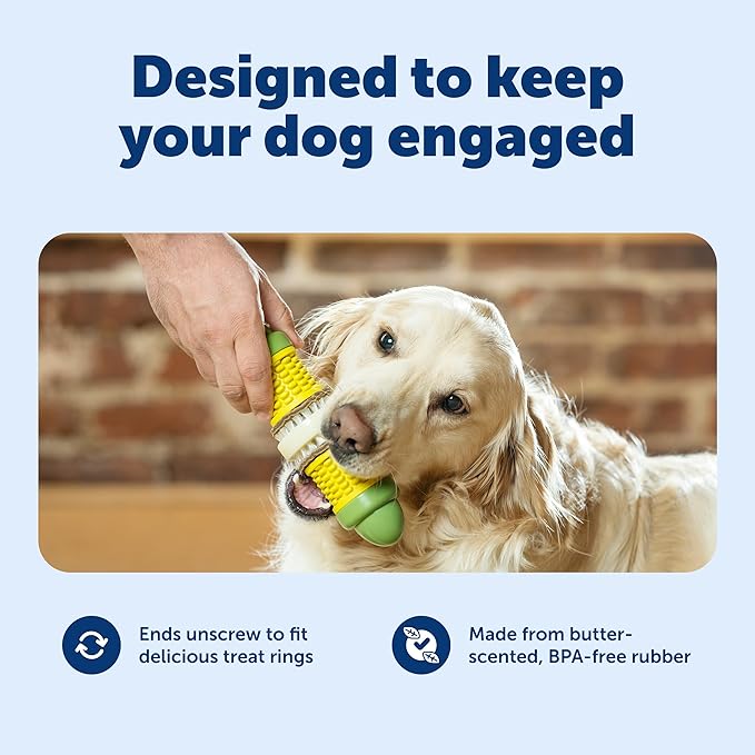 PetSafe Busy Buddy Cravin Corncob Dog Toys Treat Ring Holding Chew Toy BPA Free Rubber Butter Scented Interactive Pet Puzzle for Boredom or Separation Anxiety Small to Large Dogs