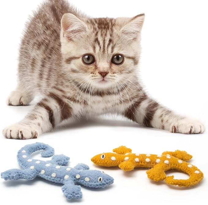 Glaciart One Felt Lizard Cat Toy – 2 Pcs | Soft Fuzzy Enrichment 100% Natural Wool - Interactive Catnip Play Cat Toy Set - Safe for Pets, Non-AZO Colored Dyes