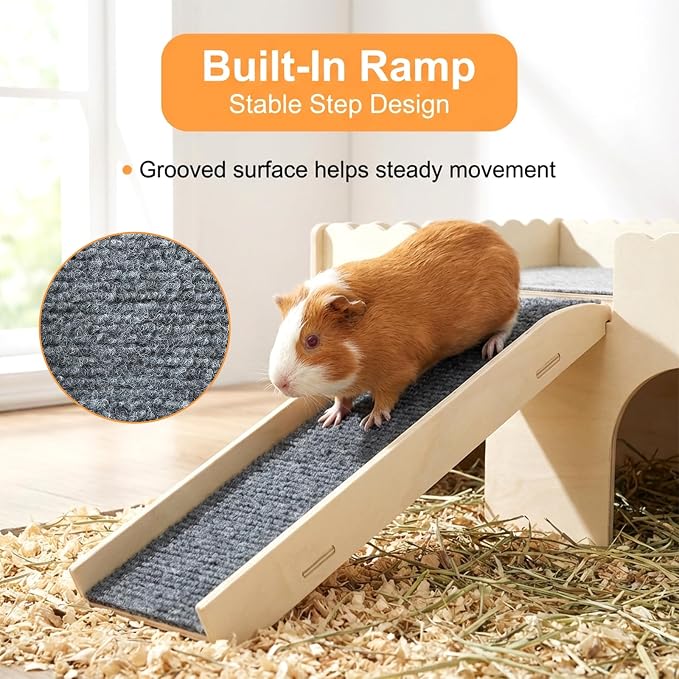 Wooden Guinea Pig Castle, Upgraded Guinea Pig Hideout, Small Pet House with Ramp & 4 Openings, Easy to Assemble for Guinea Pigs, Hamsters, Gerbils & Chinchillas