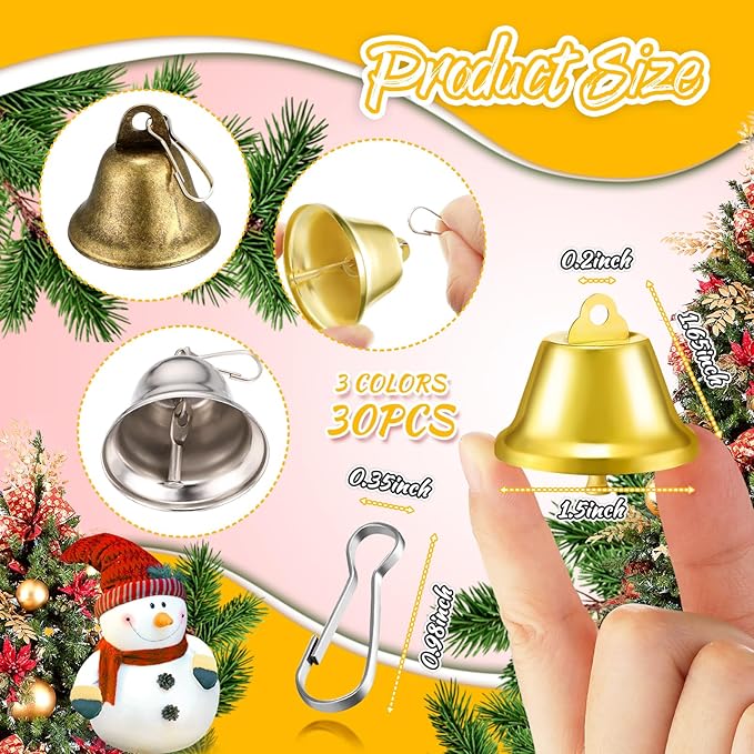 30 Pieces Craft Small Brass Bells for Crafts Mini Vintage Bells with Spring Hooks Tiny for Hanging Wind Chimes Making Dog Training Doorbell Wedding Decor, 1.65 x 1.5 Inch (Bronze, Silver, Gold)