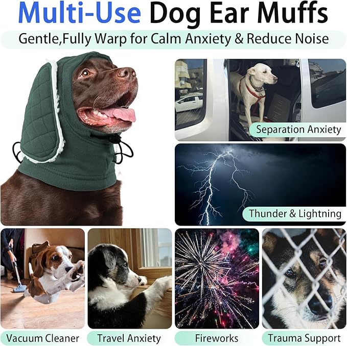 MIGOHI Soft Dog Ear Muffs Noise Protection,Ear Covers for Dogs,Dog No Flap Ear Wrap for Hematoma,Calming Hoodie Quiet Ears Head Warps for Medium Large Dogs Grooming,Bathing,Thunder,Firework,XL,Green
