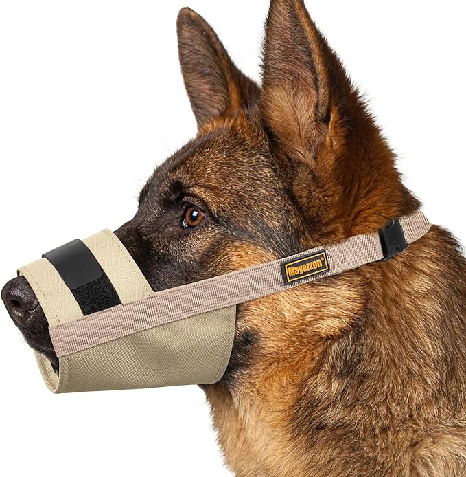 Mayerzon Dog Muzzle for Large Medium Small Dogs, Adjustable Fit, Soft & Sturdy Fabric, Prevents Fierce Barking Biting Chewing, Ideal for Grooming Walking Vet Visits, Allows to Pant Drink (Khaki, M)