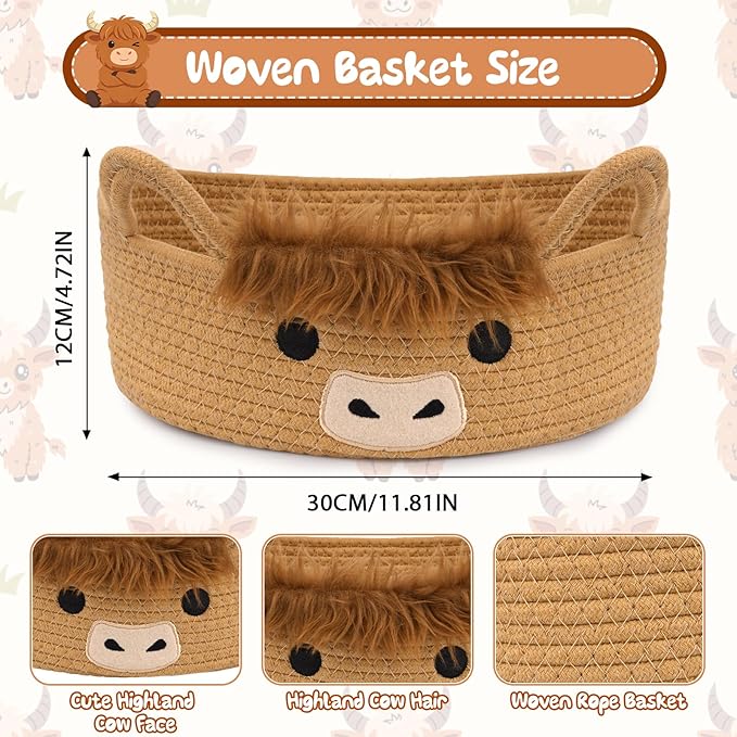 Oval Highland Cute Cow Basket for Nursery, Small Woven Gift Basket, Rope Cotton Storage for Gifts Empty, Baby Shower Blanket 0rganizer with Handles,Towel Decorative Bins, 12"D x 5"H in