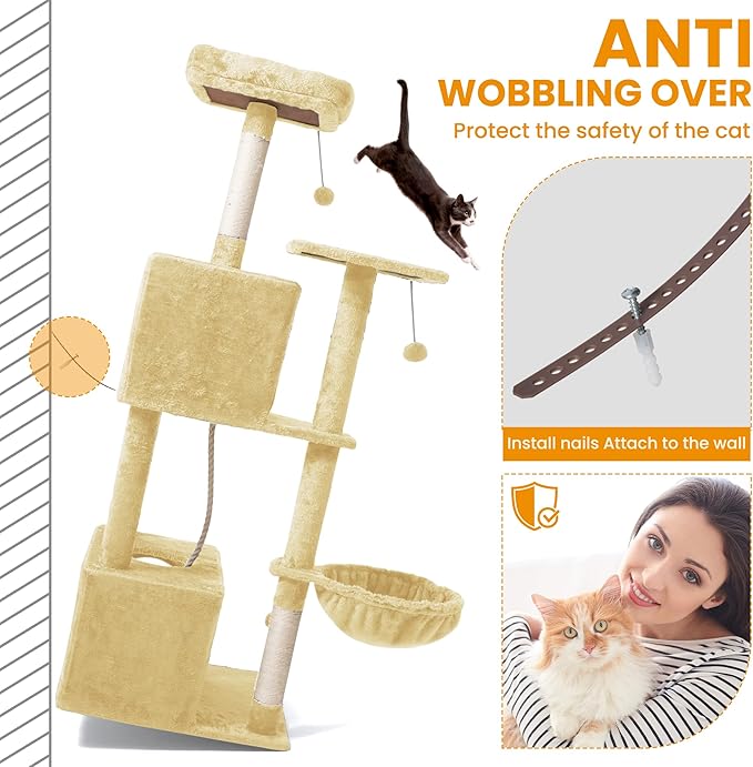 54-Inch Cat Tree Tower with 2 Caves & 2 Pompoms - Multi-Level Tower for Indoor Cats, Soft Plush Condo with Scratching Posts - Sturdy Base for Large Cats(Beige)