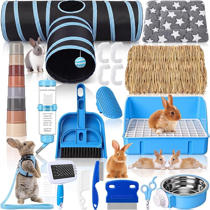 34 Pcs Rabbit Starter Kit Rabbit Litter Box Small Animal Water Bottle Cups Bunny Tunnels Animal Grooming Kit Bowl Blanket with Cleaning Set for Guinea Pig Bunny(Style 2,Dark Blue)