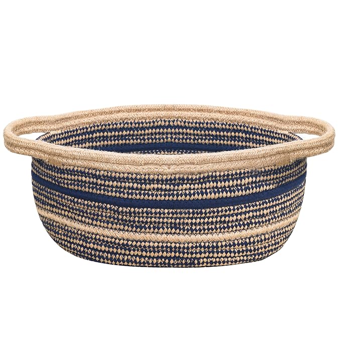 ZOES HOMEWARE Sapphire Blue Small Basket for Gifts, Jute&Cotton Woven Bin for Cat & Dog Toy, Cute Small Rope Basket for Nursery, Living Room& Bathroom, 13''x8''x5.5''