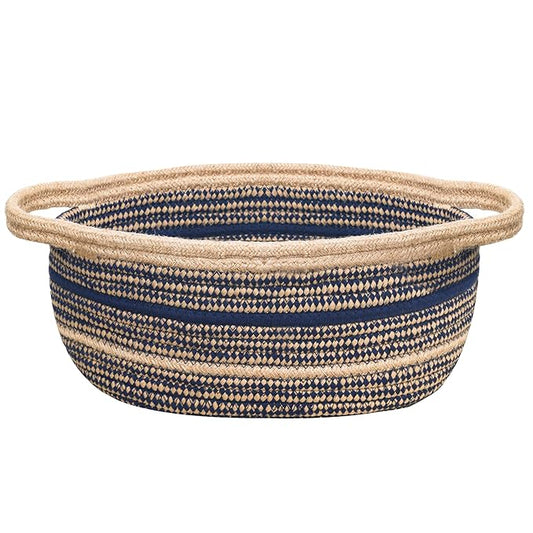 ZOES HOMEWARE Sapphire Blue Small Basket for Gifts, Jute&Cotton Woven Bin for Cat & Dog Toy, Cute Small Rope Basket for Nursery, Living Room& Bathroom, 13''x8''x5.5''