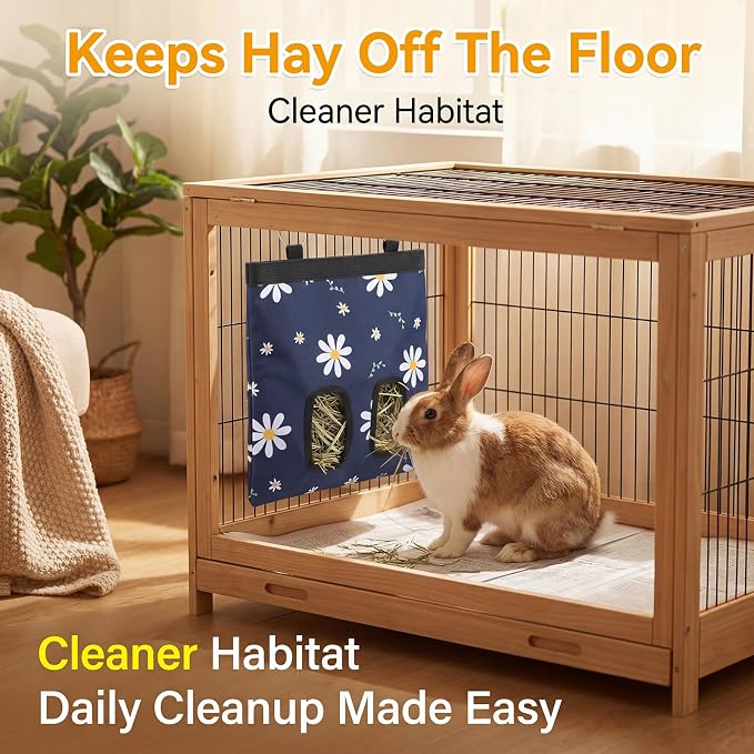 Ondware Rabbits Hay Feeder Bag for Bunny - Hanging Washable Dual-Port Hay Dispenser for Rabbits, Guinea Pigs; 600D Oxford Fabric, Collapsible, Blue Daisy Pattern