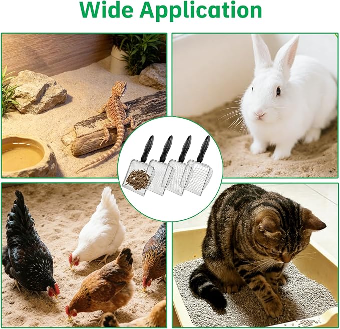 4 Pack Chicken Poop Scooper, 5.5" Metal Mesh Shovel | 2.0mm/2.8mm/3.8mm/5mm Holes, Chicken Coop Rake for Sand Litter, Suitable for Chickens, Cats, Rabbits, Hamsters & Reptiles