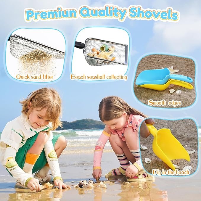 Beach Sand Toys with 2-Pack Collapsible Buckets & Shovels for Kids | Foldable Pail Bucket with Shovels & Mesh Bag, Large capacity, Potable for Shell Collecting Castle Building Summer Travel